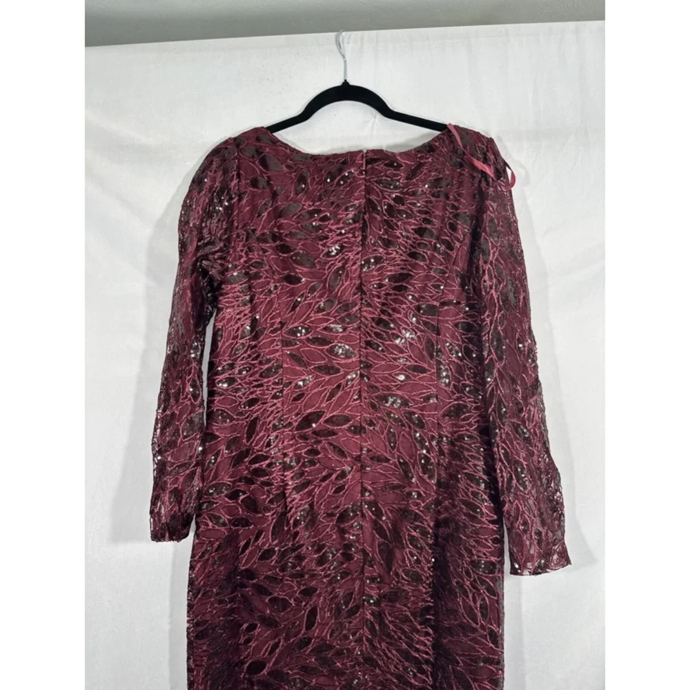 NWT $698 Mac Duggal‎ [ 16 ] Long Sleeve Ruched Sequined V Neck Gown Garnet Red